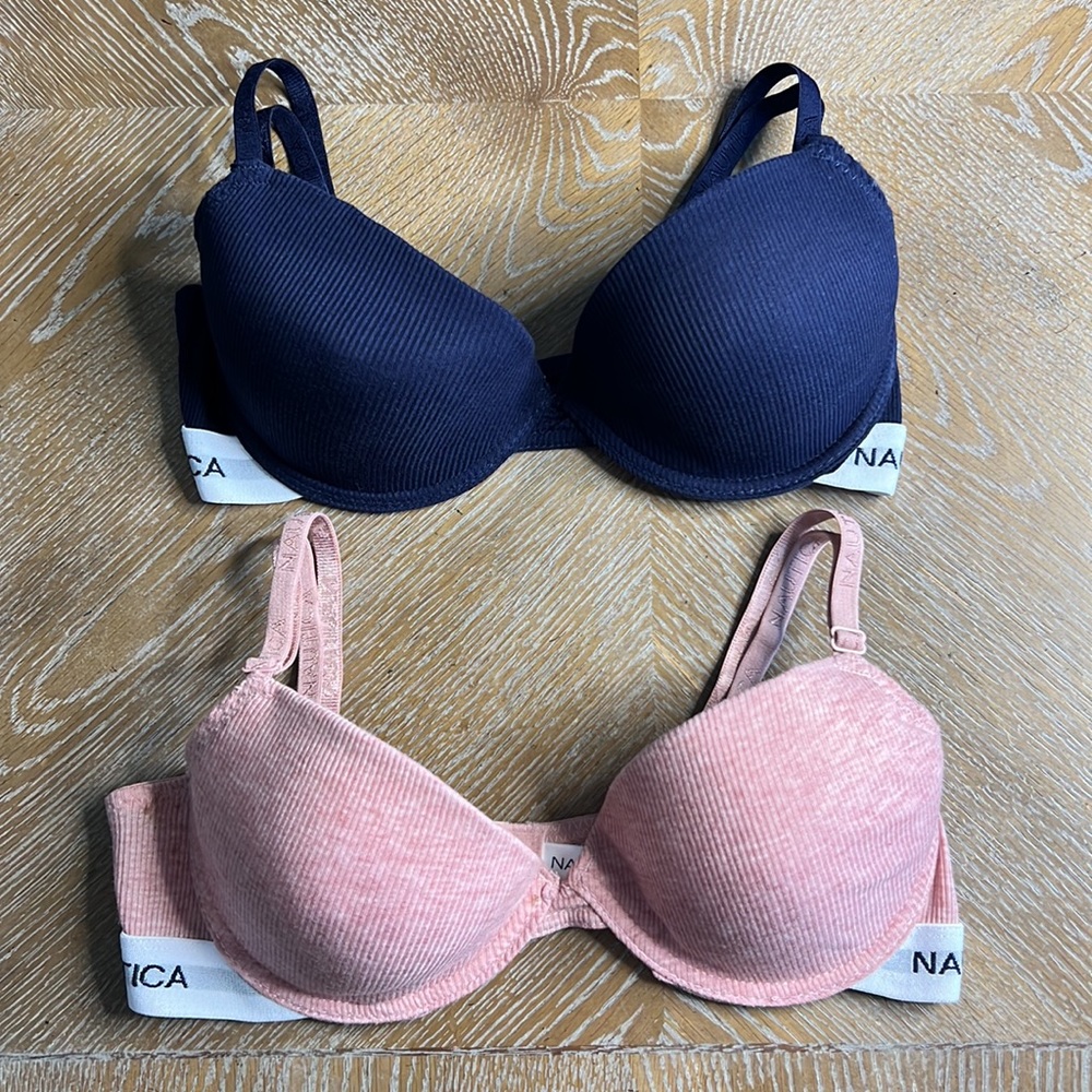 NAUTICA Navy & Pink Ribbed Logo Bra Set of 2 34C